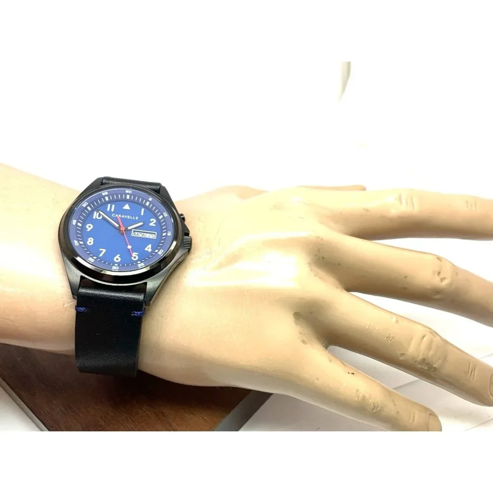 Caravelle by Bulova Men's Watch 45C118 Quartz Blue Dial Black Leather Band 40mm